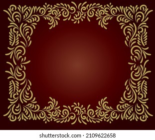 Decorative vector frame. Isolated from gradient background. Ornamental, hand drawn. Empty space for text.  Gold and dark red color. Swirls and swoops. 