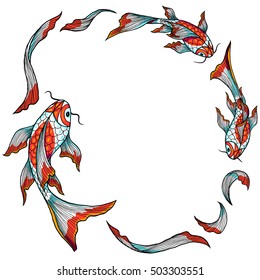 Decorative vector frame made of hand drawn elements and koi fishes, isolated on white background