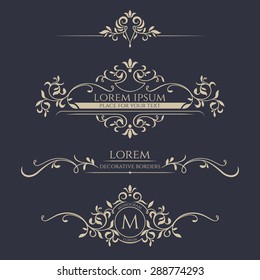 Decorative vector frame, monogram, border. Template signage, logos, labels, stickers, cards. Graphic design page.