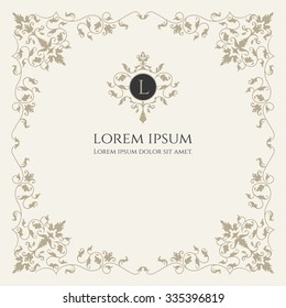 Decorative vector frame and monogram. Template signage, logos, labels,  invitations, menus, cards. Graphic design page. Floral borders. Classic design elements for wedding invitations.