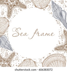 Decorative vector frame with sand, seashells and starfish. Perfect for cards, invitations and photo design.