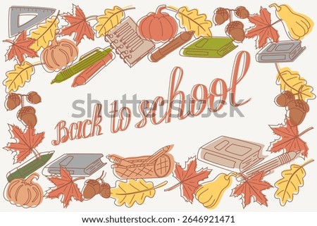 Decorative vector frame. School supplies (pencils, notebooks, pens) intertwined with autumn mapleoak leaves, acorns, and pumpkins. Thin outlines, warm fall color accents.