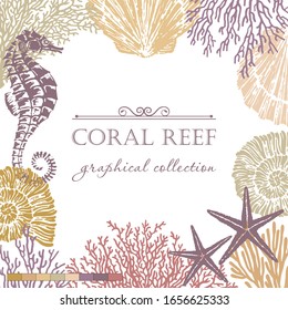 Decorative vector frame with seahorse, coral, seashells and starfish. Perfect for cards, invitations and photo design.