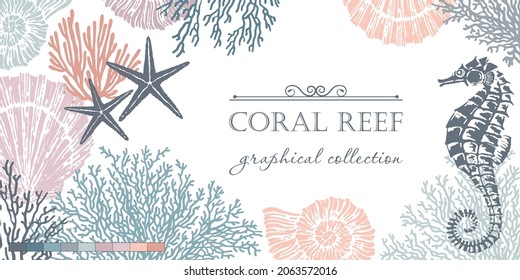 Decorative vector frame with seahorse, coral, seashells and starfish. Perfect for cards, invitations and photo design.