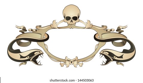 Decorative vector frame with skull, bones, predator fish and floral element