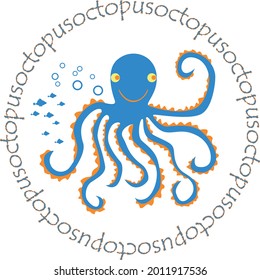 Decorative vector funny cartoon octopus in round lettering border