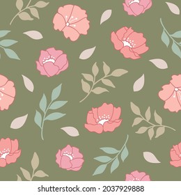 Decorative vector garden pattern design with dark green background. Perfect for wallpaper, fabric, paper projects, gift wrap, packaging,  scrapbooking, home decor.