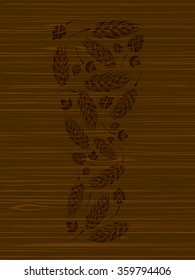 Decorative vector glass of beer from hops and malt on a wooden texture