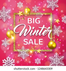 Decorative vector glittering winter frame with white snowflakes and golden balls on a pink background. Design for seasonal Christmas sale