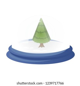 Decorative vector globe with cartoon christmas tree. Glass ball with evergreen fir tree isolated on white background.