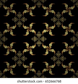 Decorative vector golden elements with black backdrop. Vintage seamless pattern for decoration, fabric or textile.