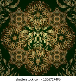 Decorative vector golden elements with green backdrop. Vintage seamless pattern for decoration, fabric or textile.