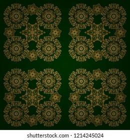 Decorative vector golden elements with green backdrop. Vintage seamless pattern for decoration, fabric or textile.
