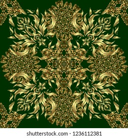 Decorative vector golden elements with green backdrop. Vintage seamless pattern for decoration, fabric or textile.