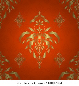 Decorative vector golden elements with orange backdrop. Vintage seamless pattern for decoration, fabric or textile.