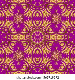 Decorative vector golden elements with purple backdrop. Vintage seamless pattern for decoration, fabric or textile.