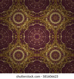 Decorative vector golden elements with purple backdrop. Vintage seamless pattern for decoration, fabric or textile.