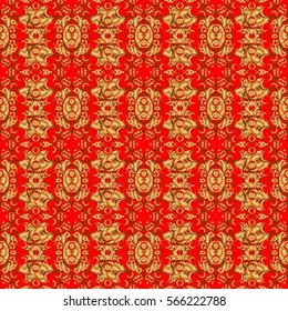 Decorative vector golden elements with red backdrop. Vintage seamless pattern for decoration, fabric or textile.