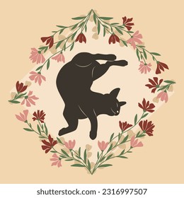 Decorative vector graphic with a black cat inside a floral frame. 