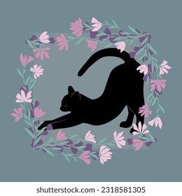 Gráfico vectorial decorativo con un gato negro dentro de un marco floral. 