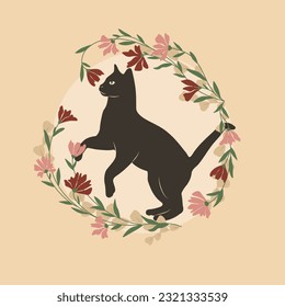 Decorative vector graphic with a black cat inside a floral frame.