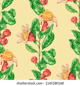 Decorative vector graphic seamless paterrn vertical line with pomegranate fruit tree branches with leaves, flowers and fruits
