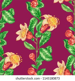 Decorative vector graphic seamless paterrn vertical line with pomegranate fruit tree