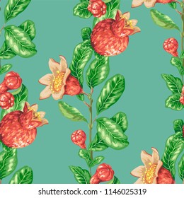 Decorative vector graphic seamless paterrn vertical line with pomegranate fruit tree