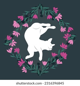 Gráfico vectorial decorativo con un gato blanco dentro de un marco floral. 