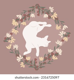 Decorative vector graphic with a white cat inside a floral frame. 