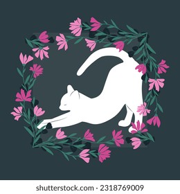Decorative vector graphic with a white cat inside a floral frame. 