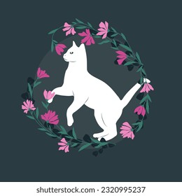 Decorative vector graphic with a white cat inside a floral frame. 