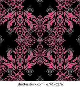 Decorative vector gray, brown and pink elements with black backdrop. Vintage seamless pattern for decoration, printing, fabric or textile.