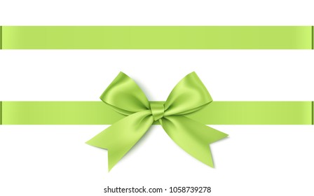 Decorative vector green bow with horizontal ribbon isolated on white background. Spring holiday decoration. 