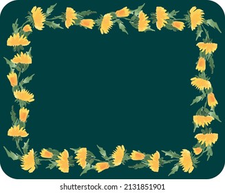 Decorative vector greeting card with floral frame from watercolor drawings of yellow dandelions flowers
