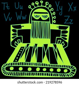 Decorative vector hand drawn alphabet with robot. 