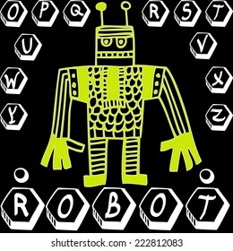 Decorative vector hand drawn alphabet with robot. 