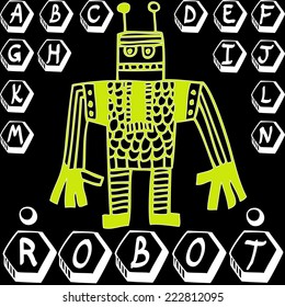 Decorative vector hand drawn alphabet with robot. 