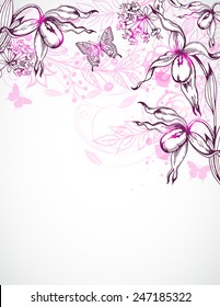 Decorative vector hand drawn floral background with orchids