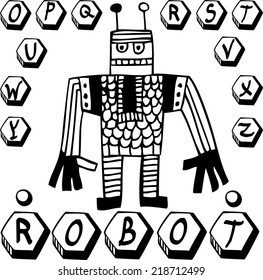 Decorative vector hand drawn techno alphabet with robot.