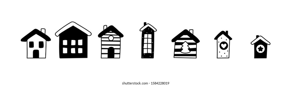 Decorative Vector Houses Doodle Icons Set. Hand Drawn Cute Christmas Monochrome Collection. Home Sweet Home Concept. Scandinavian Design. Illustration For Paper, Laser Plotter Cutting, Holiday Card