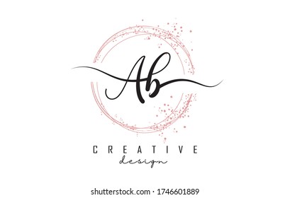 Dekorative Vektorgrafik mit Buchstaben A und B. Handgeschriebene AB ein b-Buchstaben Logo mit staubrosa glitzernden Kreisen. 