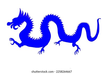 Decorative vector illustration with blue silhouette of dragon.Creative design icon of reptile for Chinese New Year 2024 isolated on white. Asian tradition holiday celebration.Eastern zodiac creature 