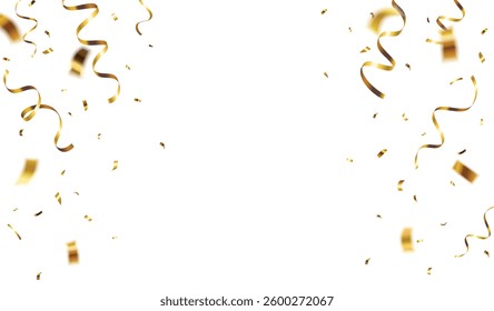 Decorative vector illustration border with falling shiny gold confetti on the sides isolated on white background