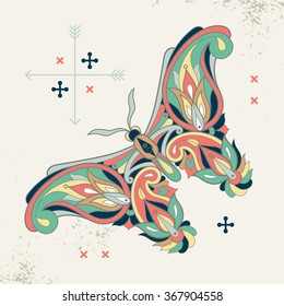 Decorative vector illustration butterfly. Ornamental insect and wreath. For create posters, stickers, printing on T-shirts. The motives of Turkish cucumber. Vintage.