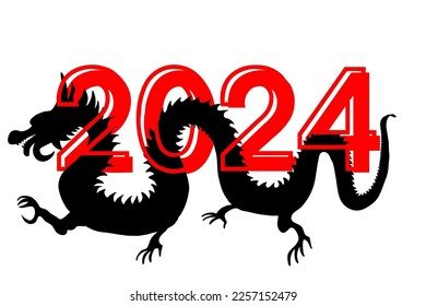 Decorative vector illustration for Chinese New Year 2024 isolated on white. Design icon with black silhouette of dragon and red 3d number. Asian tradition holiday celebration. Eastern zodiac calendar