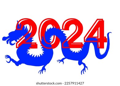 Decorative vector illustration for Chinese New Year 2024 isolated on white. Design icon with blue silhouette of dragon and red 3d number. Asian tradition holiday celebration. Eastern zodiac calendar