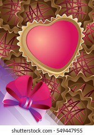Decorative vector illustration. Chocolate cupcakes with bow and heart