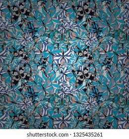 Decorative Vector illustration. Colorful romantic butterflies seamless pattern background. With hand drawn butterflies. Abstract background on white, black and blue colors.