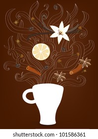 Decorative vector illustration with cup of coffee, steam and spices.